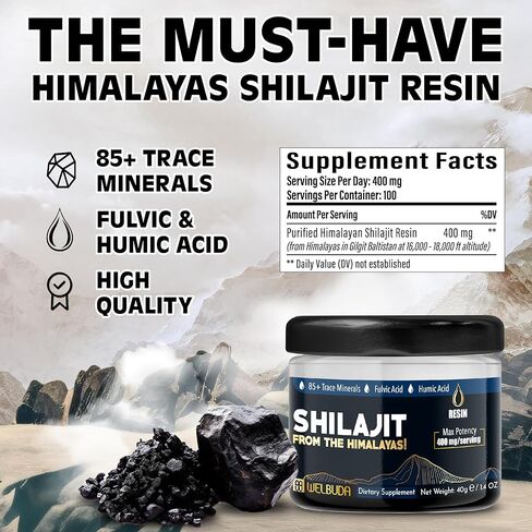 Shilajit Pure Himalayan Organic with Fulvic Acid, Trace Minerals & 85 Others - Support for Brain Health, Energy Production, Immune System & Overall Well-being - 40g of Pack for 100 Servings in Kuwait