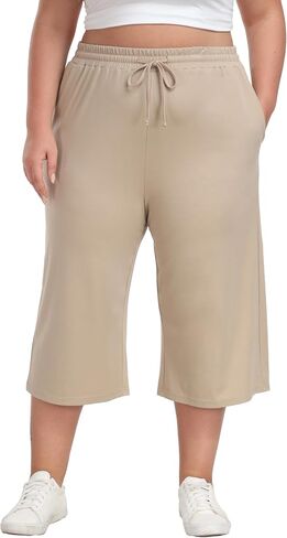 Plus Size Capris for Women Summer Wide Leg Casual Pants Loose Fit Cropped Workout Pants with Pockets Drawstring in Saudi Arabia