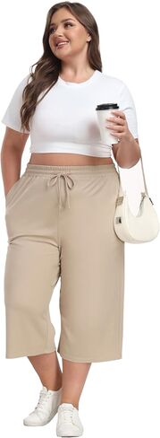 Plus Size Capris for Women Summer Wide Leg Casual Pants Loose Fit Cropped Workout Pants with Pockets Drawstring in Saudi Arabia