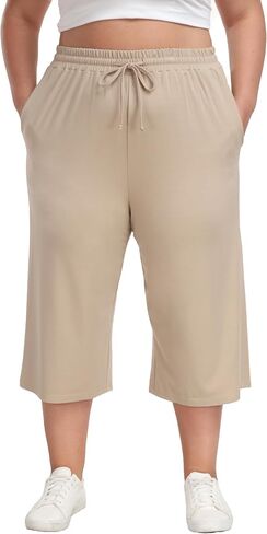 Plus Size Capris for Women Summer Wide Leg Casual Pants Loose Fit Cropped Workout Pants with Pockets Drawstring in Saudi Arabia