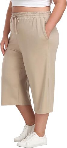 Plus Size Capris for Women Summer Wide Leg Casual Pants Loose Fit Cropped Workout Pants with Pockets Drawstring in Saudi Arabia