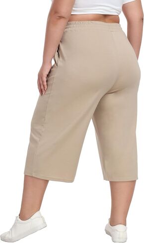 Plus Size Capris for Women Summer Wide Leg Casual Pants Loose Fit Cropped Workout Pants with Pockets Drawstring in Saudi Arabia