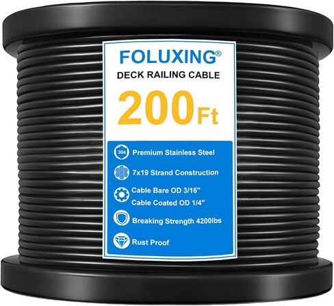 200Ft 1/4" Wire Rope,7x19 Strand Vinyl Coated Aircraft Cable Wire,3/16" Thru 1/4" for Cable Railing, Indoor Outdoor Decking Stair Railing Balustrade DIY, Fencing, Clothes Line in Saudi Arabia