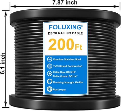 200Ft 1/4" Wire Rope,7x19 Strand Vinyl Coated Aircraft Cable Wire,3/16" Thru 1/4" for Cable Railing, Indoor Outdoor Decking Stair Railing Balustrade DIY, Fencing, Clothes Line in Saudi Arabia
