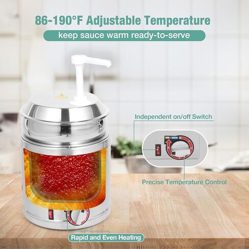 Restlrious Hot Fudge Dispenser with Plastic Pump, 2.6 QT Electric Stainless Steel Round Sauce Warmer with Temp Control, Nacho Cheese Pump Dispenser for Commercial Buffet, Cake Shop & Kitchen,110V/200W in Saudi Arabia