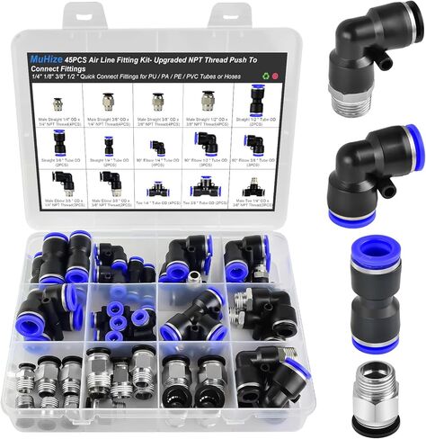 MuHize 40PCS Air Hose Fittings - Upgraded NPT Push to Connect Fittings Kit Quick Connect 1/2 1/4 3/8 inch Pneumatic Tee Straight Elbow and Male Straight Quick Release Air Line Fittings in Saudi Arabia