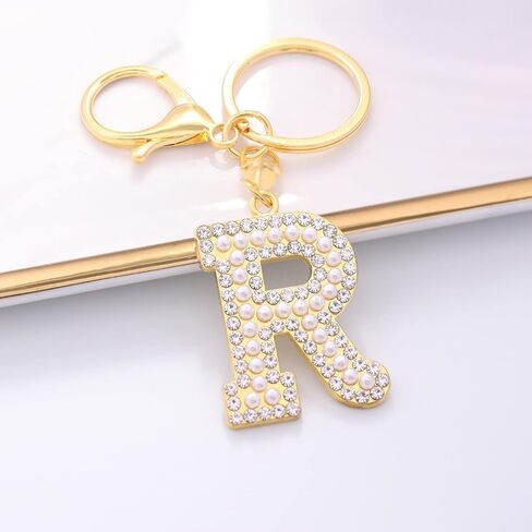 XGALBLA سلسلة مفاتيح ذهبية/فضية حرف A-Z للنساء والرجال كريستال مع محفظة لؤلؤية وحقائب يد معدنية الأبجدية حلقة رئيسية أولية in Kuwait