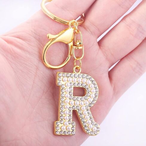 XGALBLA سلسلة مفاتيح ذهبية/فضية حرف A-Z للنساء والرجال كريستال مع محفظة لؤلؤية وحقائب يد معدنية الأبجدية حلقة رئيسية أولية in Kuwait