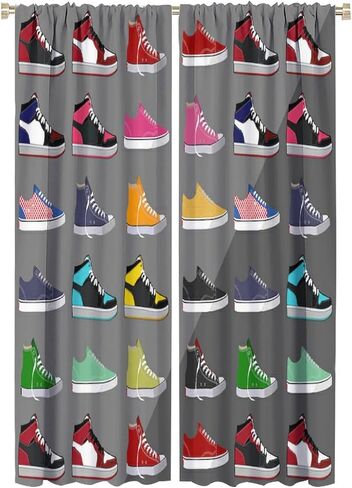 Vintage Basketball Shoe Curtain for Boys Bedroom Decorative Rod Pocket Red Black Sneakers Sneakers Colorful Modern Cool Kids Teen Mens 2 Panel Window Handle Set for Living Room 42x45in in Saudi Arabia