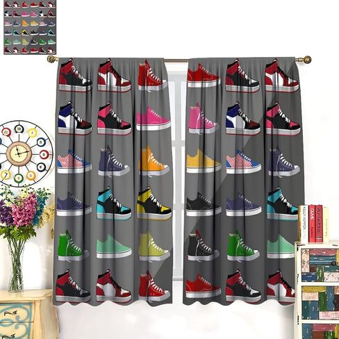 Vintage Basketball Shoe Curtain for Boys Bedroom Decorative Rod Pocket Red Black Sneakers Sneakers Colorful Modern Cool Kids Teen Mens 2 Panel Window Handle Set for Living Room 42x45in in Saudi Arabia