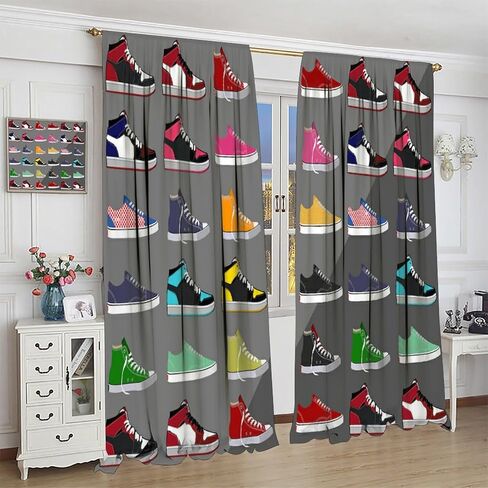 Vintage Basketball Shoe Curtain for Boys Bedroom Decorative Rod Pocket Red Black Sneakers Sneakers Colorful Modern Cool Kids Teen Mens 2 Panel Window Handle Set for Living Room 42x45in in Saudi Arabia