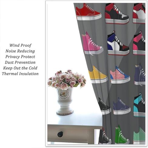 Vintage Basketball Shoe Curtain for Boys Bedroom Decorative Rod Pocket Red Black Sneakers Sneakers Colorful Modern Cool Kids Teen Mens 2 Panel Window Handle Set for Living Room 42x45in in Saudi Arabia