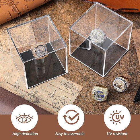 Yousoontic 2 Pcs Championship Ring Display Case Acrylic Clear Ring Display Box UV Protection 1 Slot Hole Small Square Baseball Ring Holder with Stand for Softball Rings Storage Gift Sports Fans, 3.5" in Saudi Arabia