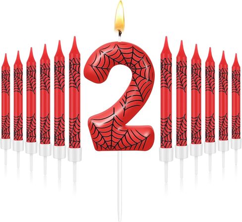 13 Pcs Spider Themed Birthday Candle Set, 12 Spider Web Cake Topper and 1 Number Birthday Candle, Red Spider Themed Birthday Candle Spider Birthday Decoration for Boy Spider Party(Number 3) in Saudi Arabia