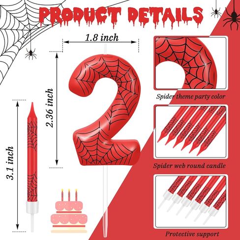 13 Pcs Spider Themed Birthday Candle Set, 12 Spider Web Cake Topper and 1 Number Birthday Candle, Red Spider Themed Birthday Candle Spider Birthday Decoration for Boy Spider Party(Number 3) in Saudi Arabia