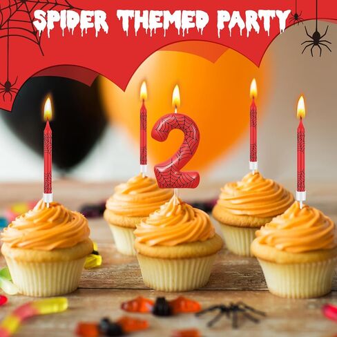13 Pcs Spider Themed Birthday Candle Set, 12 Spider Web Cake Topper and 1 Number Birthday Candle, Red Spider Themed Birthday Candle Spider Birthday Decoration for Boy Spider Party(Number 3) in Saudi Arabia