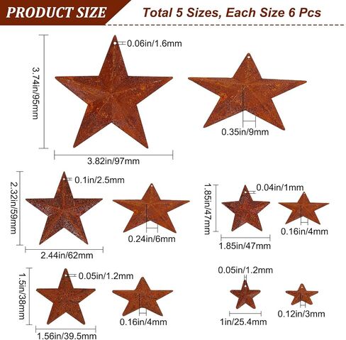 GORGECRAFT 30PCS 3 Sizes Metal Rusty Barn Star 1 Inch 1.5 Inch 2 Inch Mini Hanging Star Antique Primitives Rustic Country Tin Steel Stars Accents for DIY Crafts Vintage Farmhouse Home Door Wall Decor in Saudi Arabia