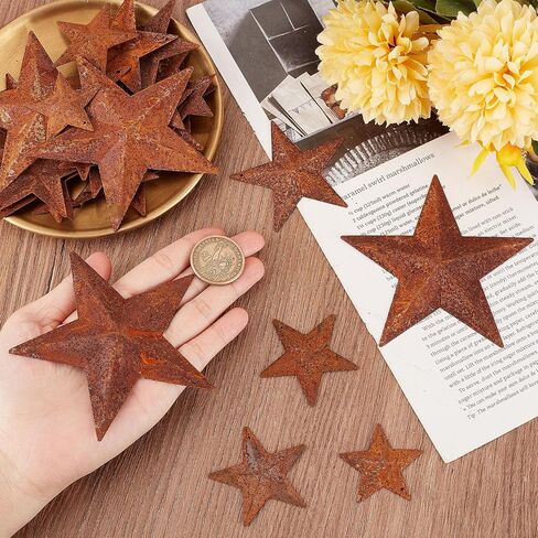 GORGECRAFT 30PCS 3 Sizes Metal Rusty Barn Star 1 Inch 1.5 Inch 2 Inch Mini Hanging Star Antique Primitives Rustic Country Tin Steel Stars Accents for DIY Crafts Vintage Farmhouse Home Door Wall Decor in Saudi Arabia