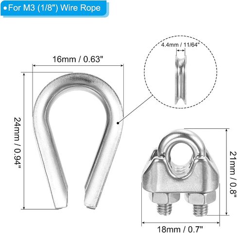 PATIKIL 1/8" Wire Rope Kit, 60 Pack M3 Wire Rope Cable Clamps & Stainless Steel Thimbles for 1/8" Diameter Wire Rope Rigging in Saudi Arabia