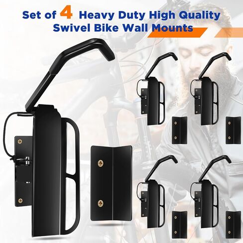 4 Pcs Swivel Bike Racks Wall Mount 180 Degrees Swivel Bike Hanger Hooks for Garage Space Saving Sturdy Vertical Bike Hanger Hold up to 50 Lbs Multi Angle Bicycle Storage Rack, Black in Saudi Arabia
