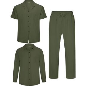 Men's Linen Sets Outfits: 3 Piece Beach Button Down Shirts Casual Loose Pants Short Sleeve Walking Suits in Kuwait