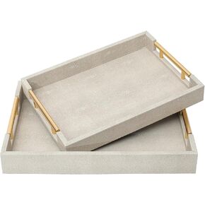 مجموعة من 2 صينية تقديم من الرخام الأبيض المزيف مع مقابض معدنية مصقولة بالذهب، صينية خشبية بيضاء مزخرفة من جلد البولي يوريثان مع ذهبي مصقول لطاولة القهوة وديكور طاولة وحدة التحكم العثمانية in Kuwait