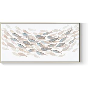 White Hand Painted Oil Painting Wall Art - Large Gold Framed Ocean Waves 3D Textured Home Decor 48x24 Horizontal Canvas Minimalist Artwork Decoration for Living Room Bedroom