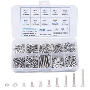 Hex Button Head Cap Bolts Screws Nuts Washers Assortment Kit #6-32 UNC Machine Screw Assortment Kit 304 Stainless Steel Nuts and Bolts Assortment Kit, Full Thread - 260 Pieces