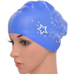 Women Ladies Elastic Silicone Water Pool Swimming Hat Cap Ear Wrap Hat for Long Hair Adults Star Print(Blue)