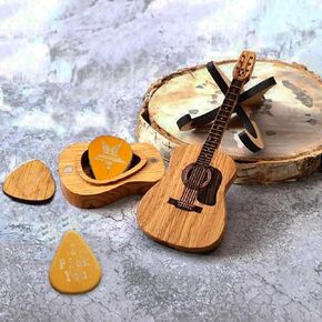 Wooden Guitar Pick Box with Stand,Mini Storage Box for Guitarists-3PCS Unique Guitar PicksMusician Engraved Wooden Plectrum Case,Acoustic Guitar Box for Electric Bass Guitar Ukulele Lover