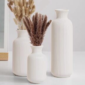 White Ceramic Vase Set of 3,Modern Vase Ribbed Design,Pampas Vases,Flower Vase for Table,Living Room,Room Decorations（Diagonal Ribbed Vase）