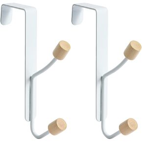 2PCS Door Mounted Wood Hooks Double Hooks No Drill Door Back Hanging Hooks Door Back Storage Rack Wall Mounted Used for Hanging Coats Hats Bags Towels Robes White