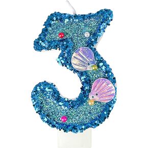 blue shell sequin number candle birthday cake number candle for mermaid theme party, wedding, birthday party party, party decoration supplies (0)