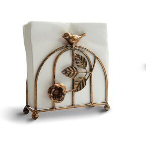 Metal Vintage Red Bronze Painting Bird & Rose Napkin Holder/Tabletop Freestanding Tissue Dispenser
