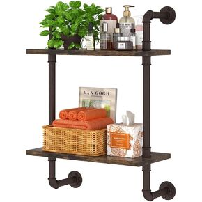 Helsin 2 Tier Industrial Pipe Floating Bathroom Shelves, 16inch Rustic Wood Wall Mounted Shelf, Storage Rack Sundries Holder for Kitchen Office Bathroom Organization & Home Décor