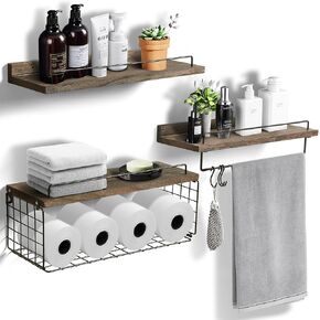 3+1 Tier Floating Shelves, Bathroom Floating Shelves with Wire Basket, Bathroom Shelf with Towel Bar and Hooks, Wall Solid Wood Shelves, Wall Shelves for Bathroom, Living Room, Bedroom and Kitchen