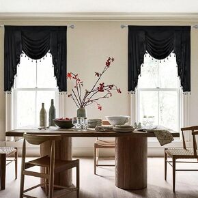 Velvet Waterfall Valance for Bedroom, Black Beads Valance for Window - Swag Valances for Living Room Rod Pocket Valances with Tassels for Kitchen (1 Panel, W89 Inch)