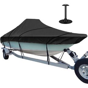 iCOVER Trailerable Boat Cover, 600D Heavy Duty Boat Cover Fits V-Hull Center Console Boat 20ft-22ft Long and Beam Width up to 106in, Windshield Height up to 30in, Boat Cover Support Pole Included