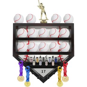 Baseball Display Case,Wooden Baseball Ring Holder,Championship Ring Display Case,Baseball Ring Display Case,Baseball Holder Display Case Wall Mount for Balls,Rings,Trophies,Medals,17"×16.5"×3.5"