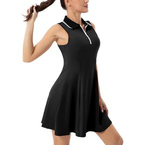 Women's Tennis Golf Dress Sport Activewear Workout Athletic Zipper V-Neck with Shorts and Pocket