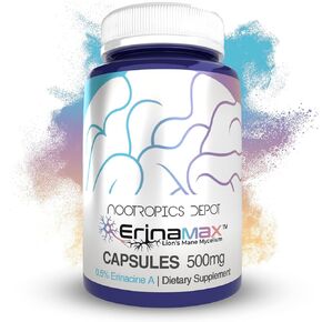 Nootropics Depot Erinamax Lion's Mane 500mg Capsules | Liquid Culture Mycelium | 2.5mg Erinacine A | Mood, Cognition, & Nerve Support | 60 Count