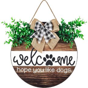 Jetec Dog Welcome Sign Welcome Wreath Sign Hope You Like Dogs for Farmhouse Front Porch Decor Door Hanging with Greenery Gift for Christmas Housewarming Holiday