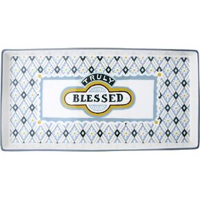 Creative Co-Op 12.75" Rectangle Truly Blessed Stoneware Plate, Blue