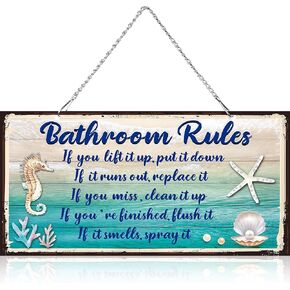 Seashell Bathroom Decor Bathroom Rules Signs Wall Ocean Theme Beach Seashell Starfish Decor for Bathroom Metal Sign Hanging Wall Funny Bathroom Rules Art Decorative, Blue and White (10 x 5 Inch)