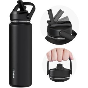 TOURIT 24 oz Insulated Water Bottle, Stainless Steel Water Bottles With Straw, Double Wall Vacuum Insulation for Cold and Hot Drinks, Leak Proof BPA Free Water Flask for Sports and Travel, Black