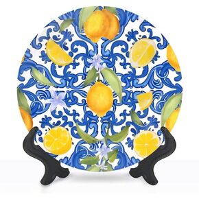 Decorative Plates for Display 8" Mediterranean seamless pattern Blue majolica tiles yellow lemons Ceramic Ornament with Display Stand and Hook Up for Wall Decor Hanging Festival Wedding Gift