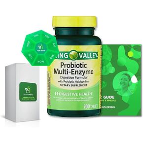 Probiotic Multi-Enzyme Digestive Formula Tablets, 200 Count with bundle Exclusive Better Ligth&Spring Guide + Weekly Pill Organizer (3 Items)