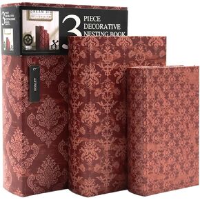 Hosley Farmhouse Memory Book Boxes Set of 3 Red Brown & Gold Storage Organizers in 12", 10", 8" Heights for Stylish and Functional Keepsake Storage