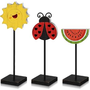 3 Pcs Summer Watermelon Ladybug Wooden Table Sign Vertical Wooden Table Top Home Decor Desktop Centerpiece Summer Theme Suitable for Family Farmhouse Kitchen Decoration