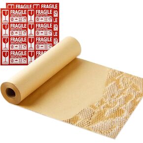 Honeycomb Packing Paper, 15 inches x 131 feet Eco Friendly and Recyclable Cushion Material, Moving Shipping Supplies with 16 Fragile Sticker Labels and 100 ft Braided Rope(Brown)
